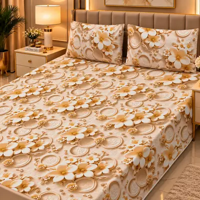 Elegant 3 Pcs Micro Cotton Printed 9D Double Bedsheet