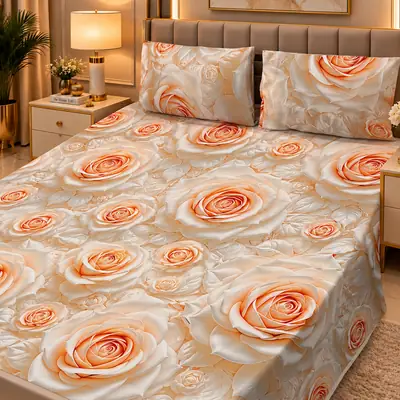 Elegant 3 Pcs Micro Cotton Printed 9D Double Bedsheet