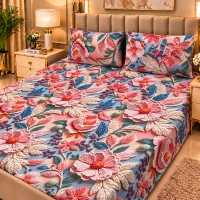 Elegant 3 Pcs Micro Cotton Printed 9D Double Bedsheet