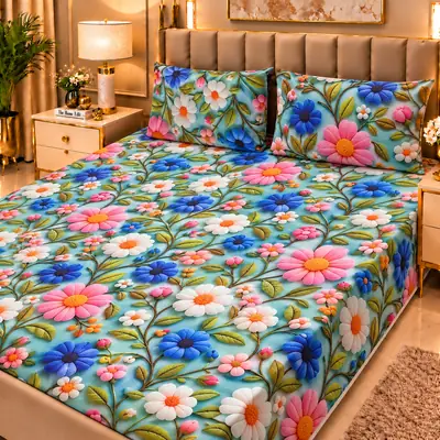 Elegant 3 Pcs Micro Cotton Printed 9D Double Bedsheet