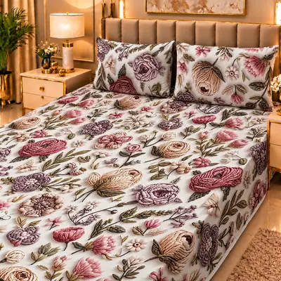Elegant 3 Pcs Micro Cotton Printed 9D Double Bedsheet