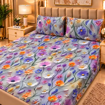 Elegant 3 Pcs Micro Cotton Printed 9D Double Bedsheet