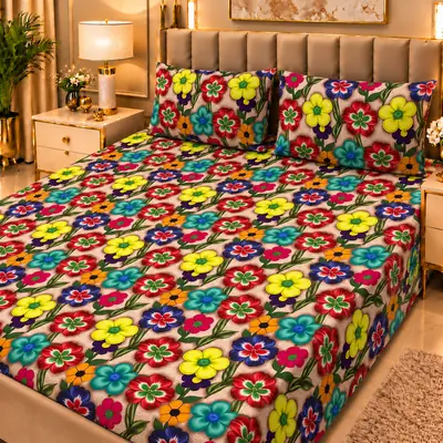 Elegant 3 Pcs Micro Cotton Printed 9D Double Bedsheet