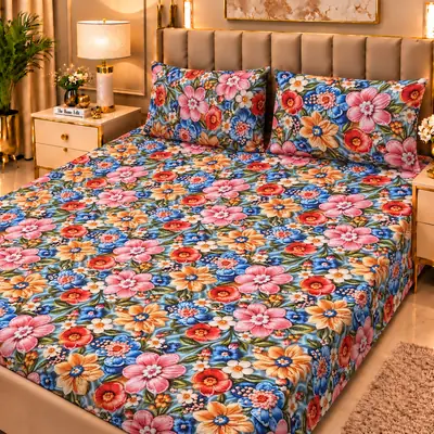 Elegant 3 Pcs Micro Cotton Printed 9D Double Bedsheet