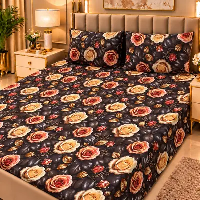 Elegant 3 Pcs Micro Cotton Printed 9D Double Bedsheet