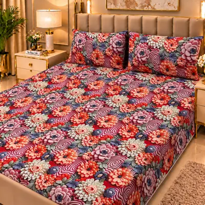 Elegant 3 Pcs Micro Cotton Printed 9D Double Bedsheet
