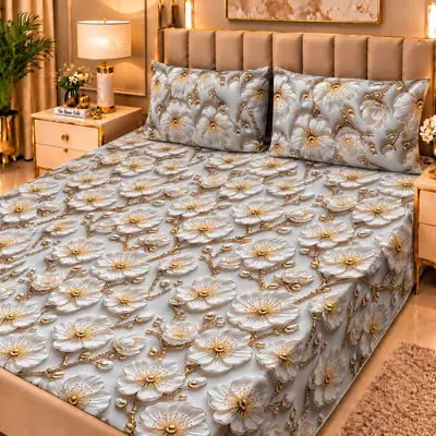 Elegant 3 Pcs Micro Cotton Printed 9D Double Bedsheet