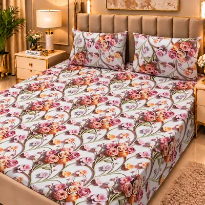 Elegant 3 Pcs Micro Cotton Printed 9D Double Bedsheet
