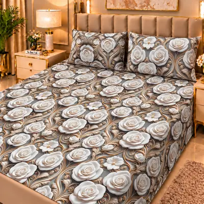 Elegant 3 Pcs Micro Cotton Printed 9D Double Bedsheet
