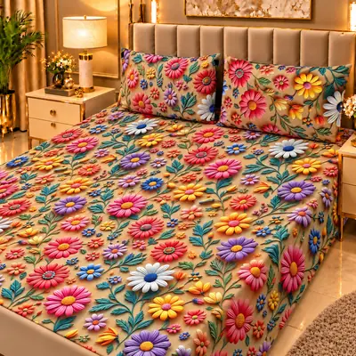 Elegant 3 Pcs Micro Cotton Printed 9D Double Bedsheet
