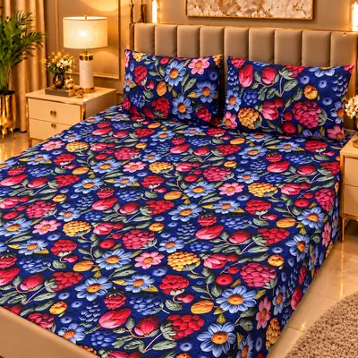 Elegant 3 Pcs Micro Cotton Printed 9D Double Bedsheet