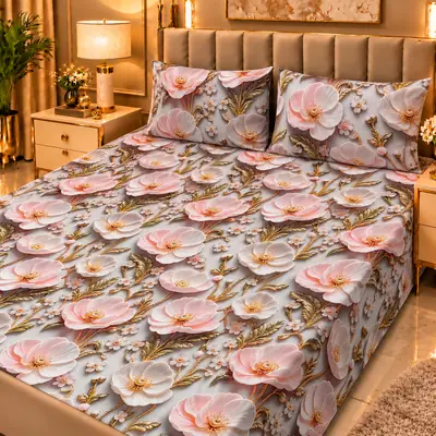 Elegant 3 Pcs Micro Cotton Printed 9D Double Bedsheet