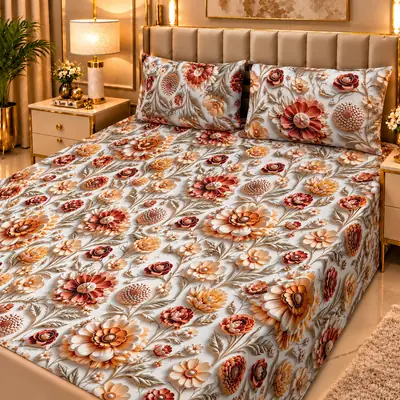 Elegant 3 Pcs Micro Cotton Printed 9D Double Bedsheet