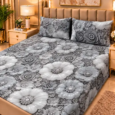 Elegant 3 Pcs Micro Cotton Printed 9D Double Bedsheet