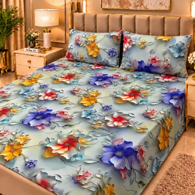 Elegant 3 Pcs Micro Cotton Printed 9D Double Bedsheet
