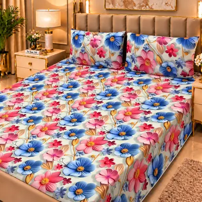 Elegant 3 Pcs Micro Cotton Printed 9D Double Bedsheet