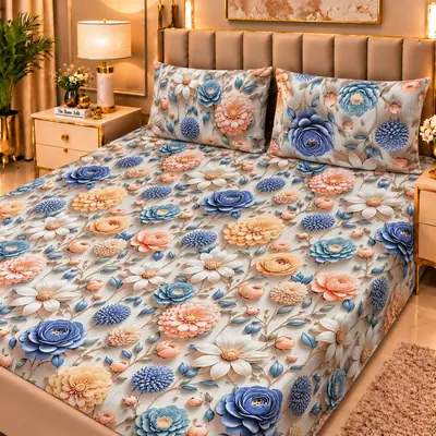 Elegant 3 Pcs Micro Cotton Printed 9D Double Bedsheet