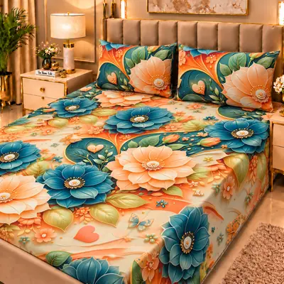 Elegant 3 Pcs Micro Cotton Printed 9D Double Bedsheet