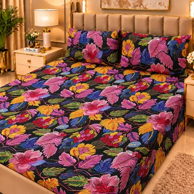 Elegant 3 Pcs Micro Cotton Printed 9D Double Bedsheet