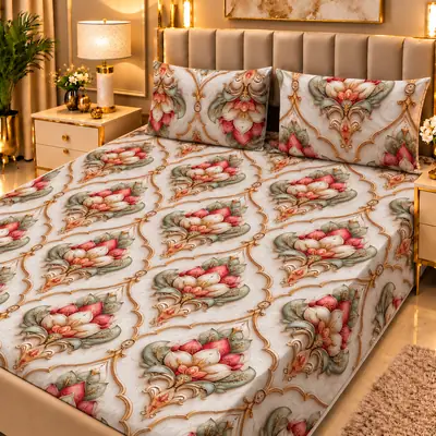Elegant 3 Pcs Micro Cotton Printed 9D Double Bedsheet