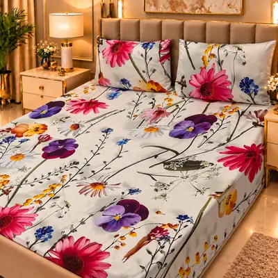 Elegant 3 Pcs Micro Cotton Printed 9D Double Bedsheet