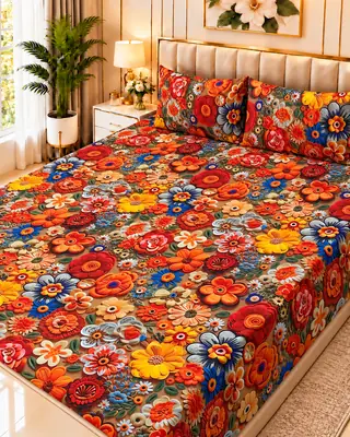 Exclusive 3 Pcs Micro Cotton Printed 9D Double Bedsheet