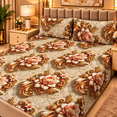 Elegant 3 Pcs Micro Cotton Printed 9D Double Bedsheet