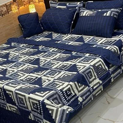 Blue Printed Mix Cotton 7 Pcs Double Bed Comforter Set