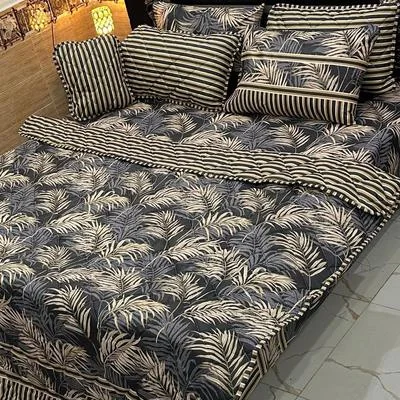 Double Bed Palm Leaf Printed Comforter Set Grey Mix Cotton