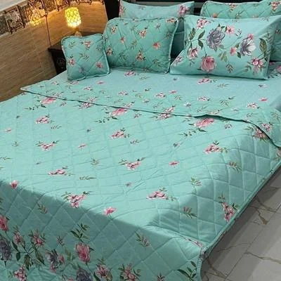 Blue Floral Printed 7Pcs Mix Cotton Double Bed Set