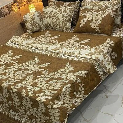 Double Bed Printed Cotton Comforter Set Brown Cream Leaf Pattern
