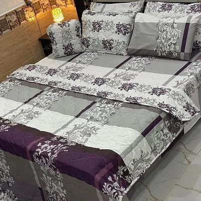 Double Bed Printed Comforter Set Gray Purple Cotton
