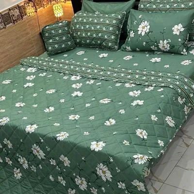 Green Floral Mix Cotton Double Bed Comforter Set 7 Pcs