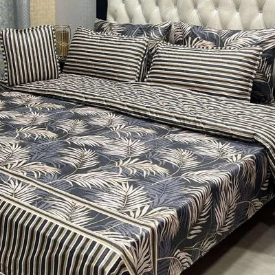 Premium Cotton Palm Leaf Printed Bed Set Brown White