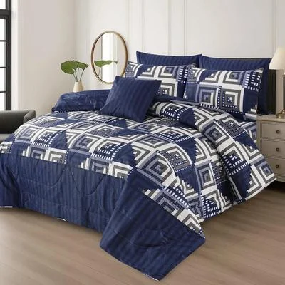7Pcs Blue Printed Cotton Comforter Set for Double Bed