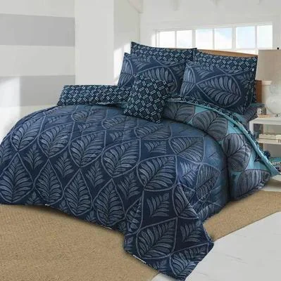 Blue Printed 7Pc Cotton Comforter Set for Double Bed