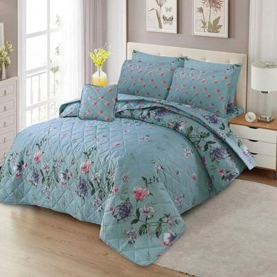 Turquoise Floral 7Pc Cotton Comforter Set for Double Bed