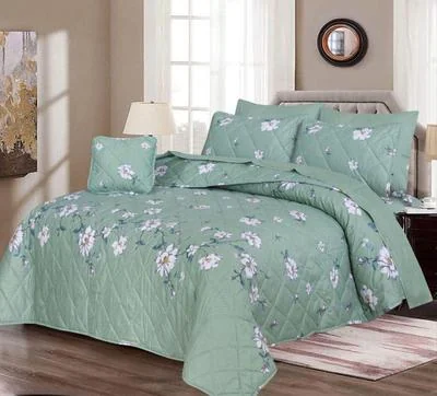 Green Floral 7Pc Cotton Comforter Set for Double Bed