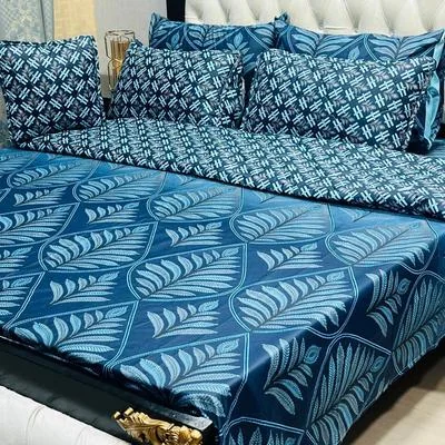 Blue Printed 7Pc Cotton Comforter Set for Double Bed