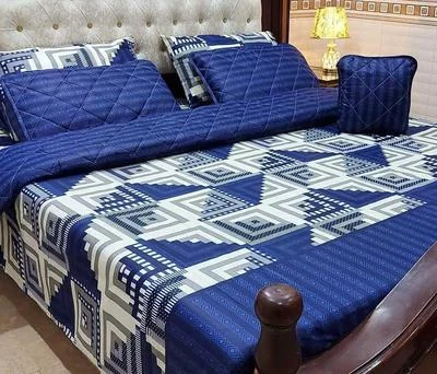 Blue Printed 7Pc Cotton Comforter Set for Double Bed