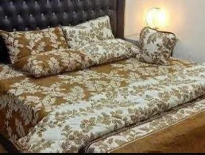 7 Pcs Cotton Printed Comforter Set Brown Double Bed