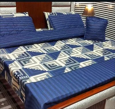 Blue Printed 7Pc Cotton Comforter Set for Double Bed