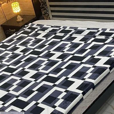 Fleece Printed Double Bed Blanket Navy Blue Geometric thumbnail 2