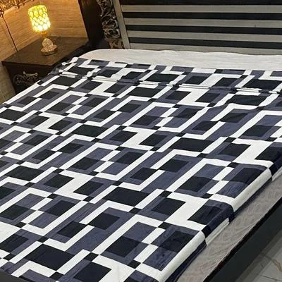 Fleece Printed Double Bed Blanket Navy Blue Geometric