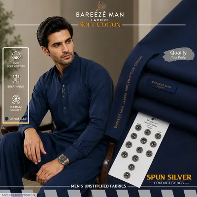 Men Unstitched Suit Blue Cotton Summer Eid Festive thumbnail 1