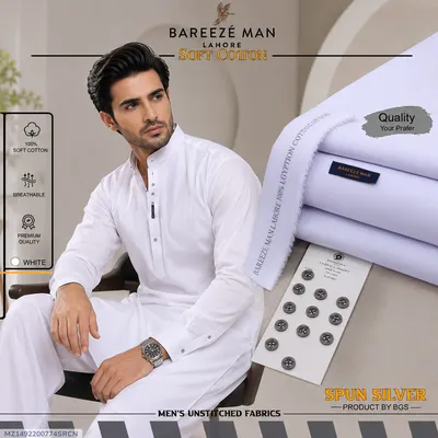 Men White Cotton Unstitched Suit Summer Eid Festive