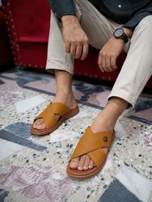 Men's Cross Strap Slide Sandals | Premium Soft Comfortable Slippers for Men | Lightweight Anti-Slip Casual Summer Slides | Indoor Outdoor Open Toe Brown Sandals thumbnail 2