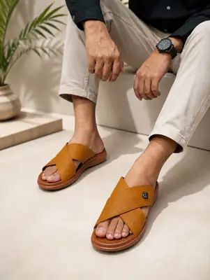 Men's Cross Strap Slide Sandals | Premium Soft Comfortable Slippers for Men | Lightweight Anti-Slip Casual Summer Slides | Indoor Outdoor Open Toe Brown Sandals thumbnail 3
