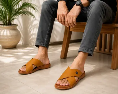 Men's Cross Strap Slide Sandals | Premium Soft Comfortable Slippers for Men | Lightweight Anti-Slip Casual Summer Slides | Indoor Outdoor Open Toe Brown Sandals thumbnail 7