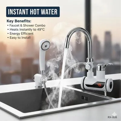 Instant Hot Water Faucet Shower Head 49°C Digital Display Stainless Steel thumbnail 6